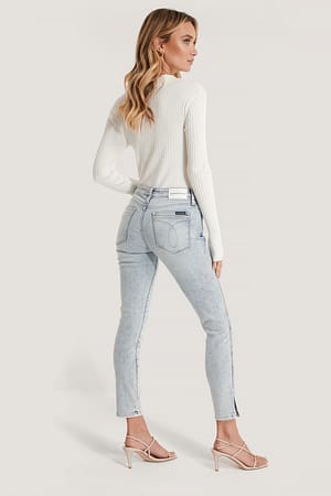 Bleach Blue Split Hem Mid Rise Skinny Ankle Jeans