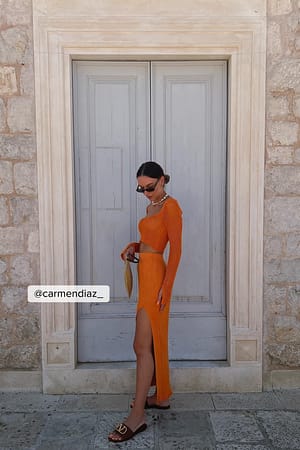 Orange Rib Knitted High Slit Skirt