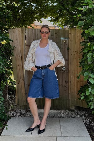 Mid Blue Low Waist Wide Denim Shorts