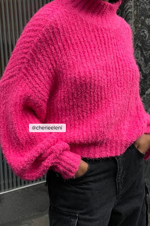 Fuchsia Fluffy Knitted Turtleneck Sweater