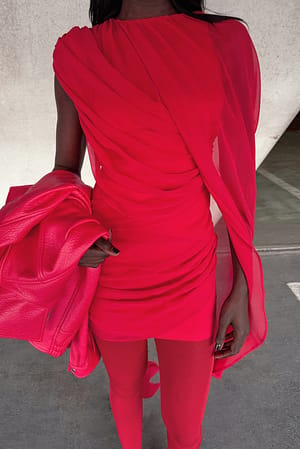 Red Chiffon Draped Mini Dress