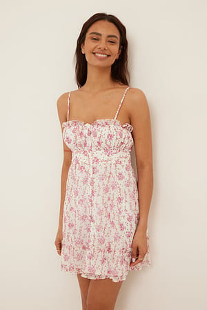 Pink Floral Chiffon mini-jurk met volants