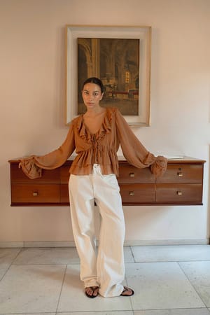 Caramel Chiffon Ruffle Long Sleeve Blouse
