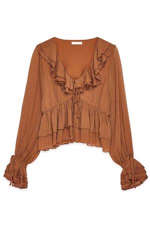 Caramel Chiffon-Bluse mit langen Ärmeln und Rüschen