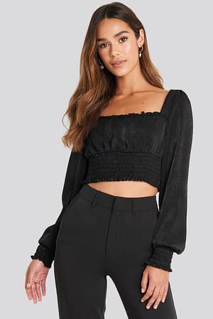 Black Cropped Ruffle Top