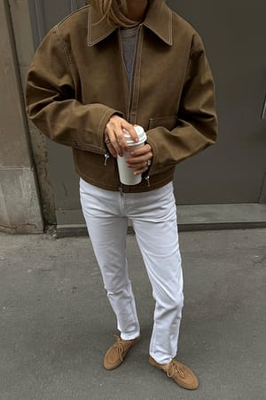 Beige Contrast Seam Faux Suede Jacket