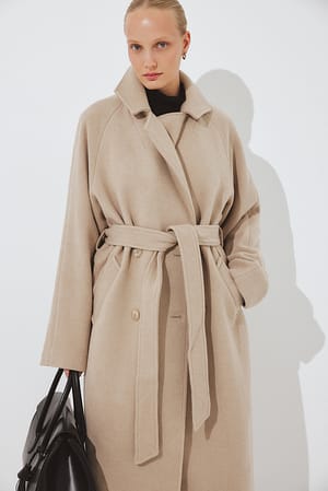 Taupe klassischer Mantel aus Wollmischung mit Gürtel
