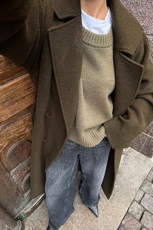 Khaki Manteau classique en laine mélangée avec ceinture