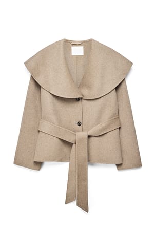 Beige Melange Collar Detail Wool Blend Short Coat