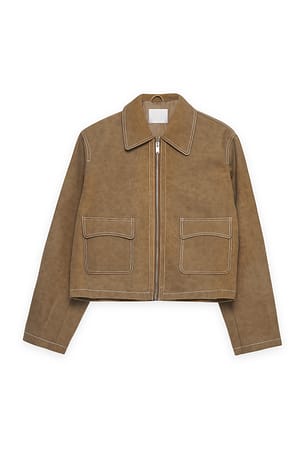 Beige Contrast Seam Faux Suede Jacket