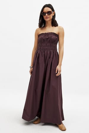 Brown Cotton Bandeau Ruched Midi Dress