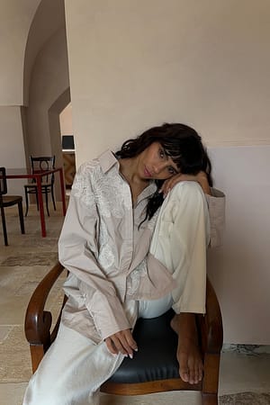 Beige Cotton Embroidered Lace Shirt
