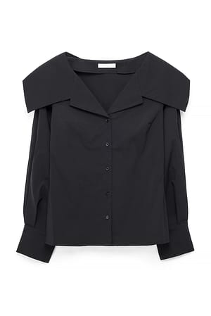 Black Cotton Lapel Collar Blouse