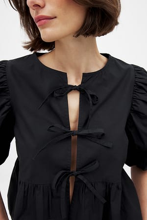 Black Cotton Puff Sleeve Tie Front Blouse