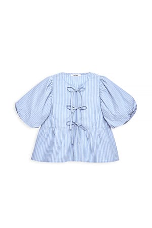 Blue Stripe Bluse aus Baumwolle mit Puffärmeln und Schnürung vorne