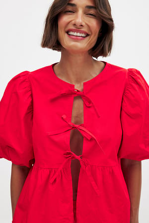 Red Cotton Puff Sleeve Tie Front Blouse