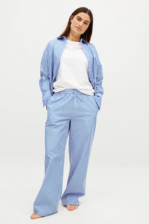 Blue Stripe Cotton Wide Elastic Waist Pants