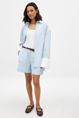 Blue/White Stripe Cotton Wide Mid Waist Shorts