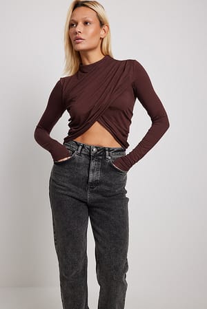 Brown Cropped Pleated Top
