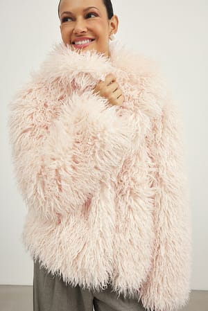 Light Pink Curly Short Faux Fur Jacket