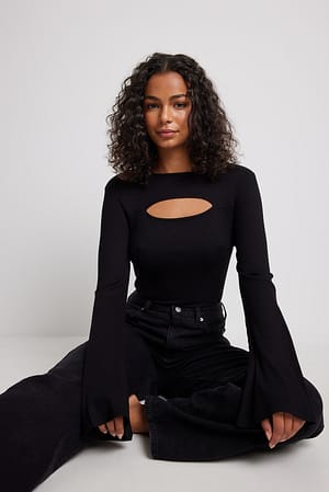 Black Cut Out Trumpet Sleeve Top