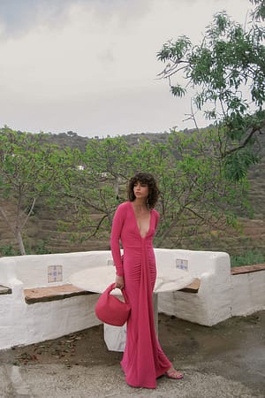 Fuchsia Deep V-neck Long Sleeve Maxi Dress