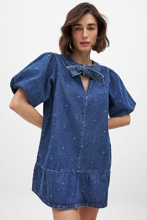 Dark Blue Minikjole i denim med binding