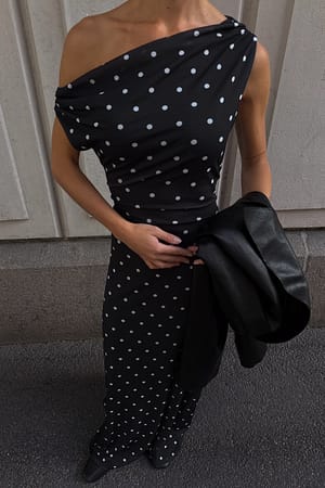 White/Black Dot Vestido maxi de malla drapeado