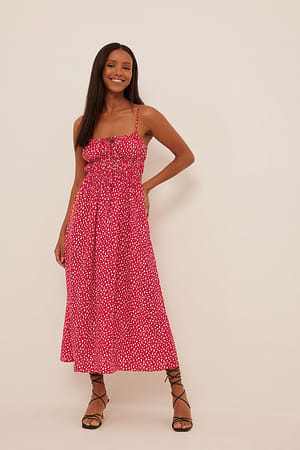 Red Floral Midikleid mit Kordelzug um die Taille