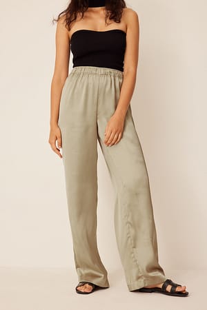 Grey/Beige Bukse i sateng med elastisk liv og rette ben