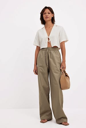 Khaki Beige Elastic Waistband Cotton Pants