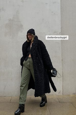 Black Fluffy Oversized Belted Coat