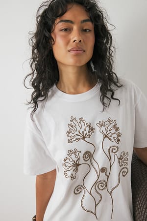 OffWhite Print Embroidered Round Neck Oversized Tee