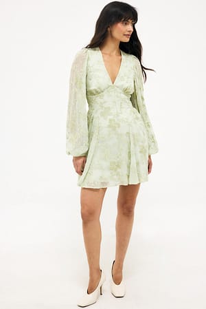 Sage Green Embroidered Chiffon Long Sleeve Mini Dress
