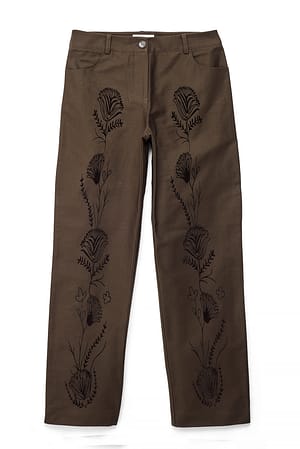 Dark Brown Twill-bukser med broderidetaljer