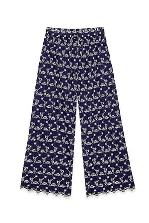 Navy Embroidery Detail Straight Trousers