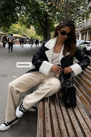 Black PU Coat with Teddy Details