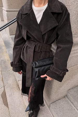 Dark Brown Faux Suede Short Trenchcoat