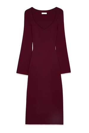Burgundy Fine Knitted Trumpet Sleeve Midi Dress