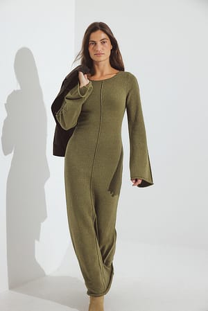 Olive Green Fein gestricktes Maxikleid