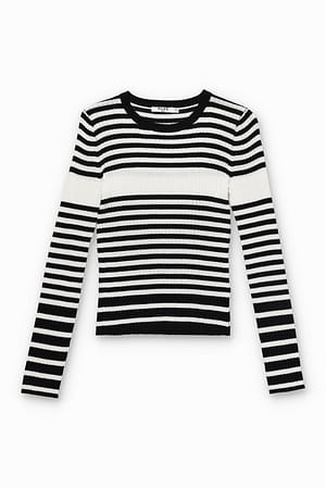 Black/White Fein gestrickter, gestreifter Pullover