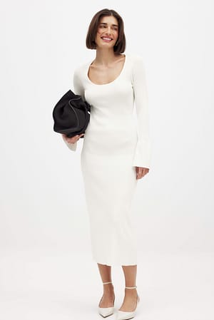 Offwhite Fine Knitted Trumpet Sleeve Midi Dress