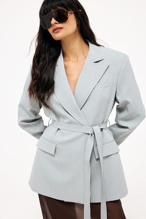 Light Blue Fitted Long Belt Blazer