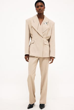 Beige Fitted Mid Waist Suit Pants