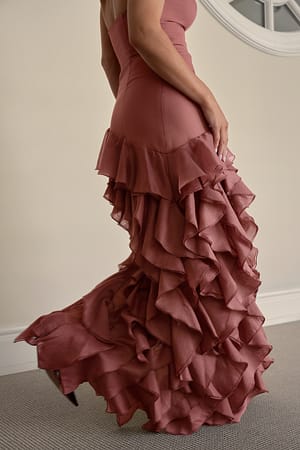 Dark Plum Fitted Ruffle Hem Maxi Dress
