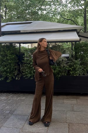 Brown Flared Leg Textured Trousers