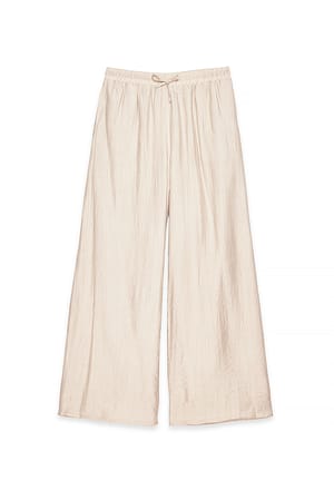 Beige Flowy Wide Mid Waist Trousers