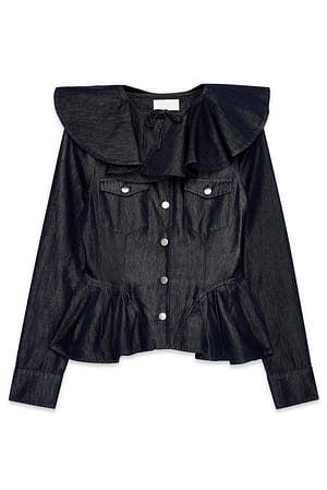 Dark Blue Denimblus med volangkrage