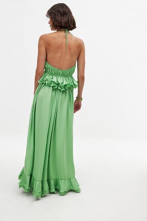 Green Flounce Waist Halterneck Maxi Dress