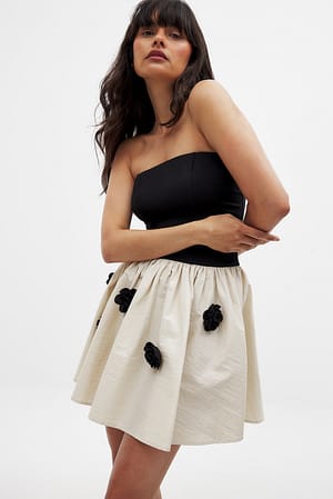 Black/Beige Flower Detail Volume Skirt Mini Dress
